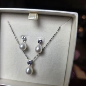 Pearlcore Pearl Drop Necklace and Earrings Set with Silver and Blue Accents